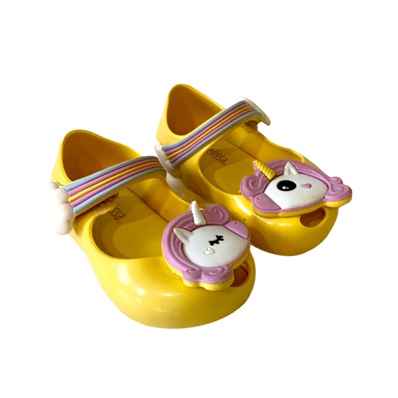 Mini Melissa 5 Unicorns Rainbows Shoes Yellow - Picture 1 of 4